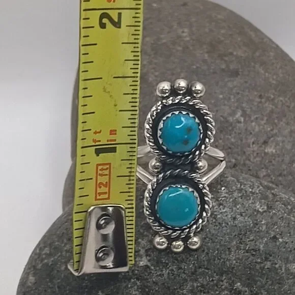 Native Southwest Style Sterling Silver Double Turquoise Stone Ring Size 7 - Picture 3 of 6